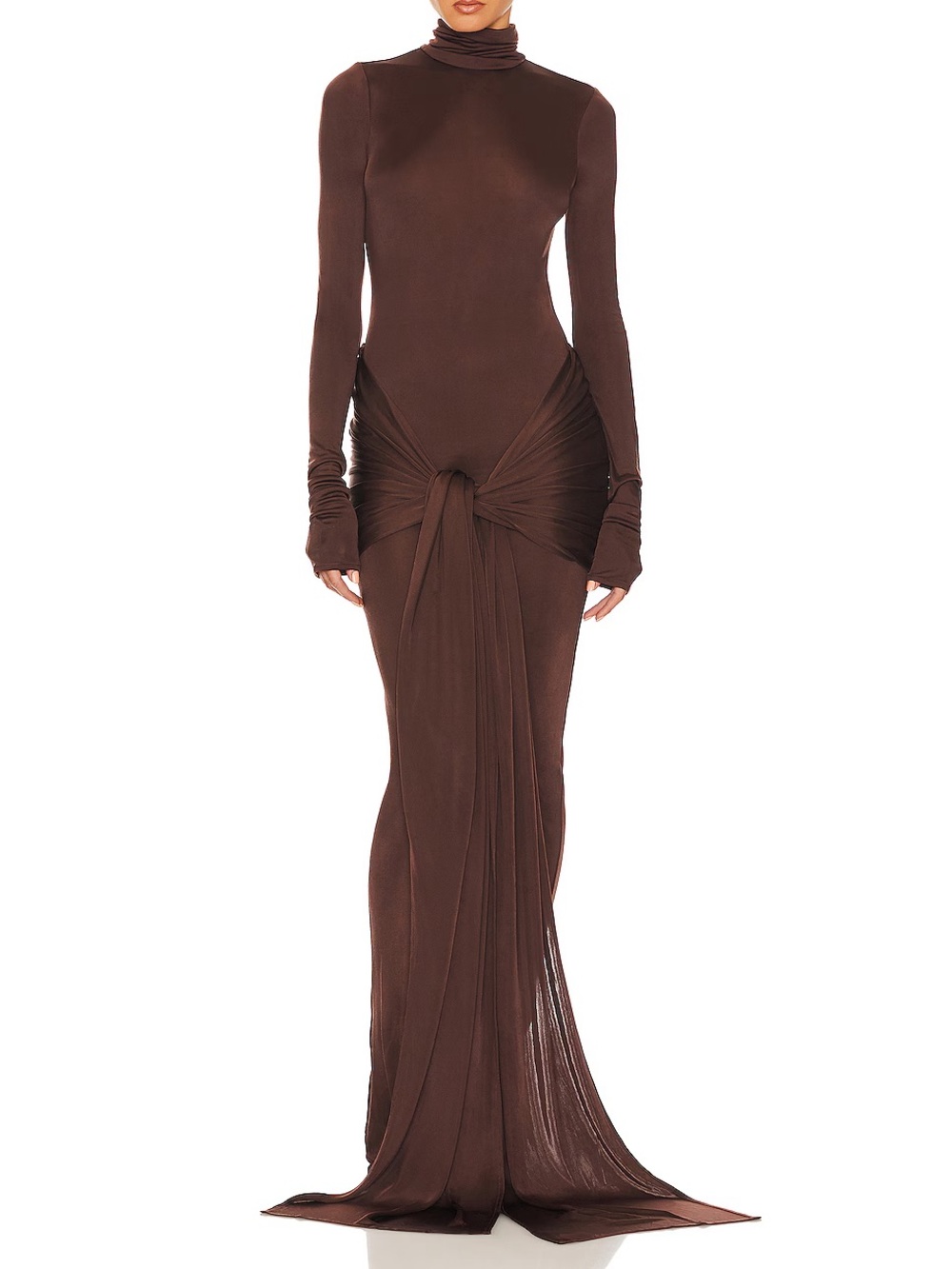 Helsa Long Sleeve High Neck Brown Maxi Dress with Knot Detail